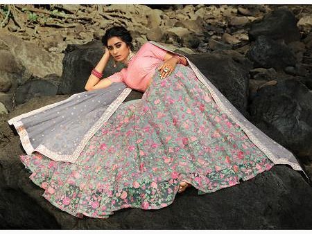 Myra Pink and Grey Net Embroidered Lehenga For Discount