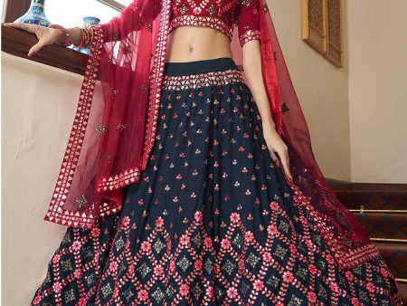 Myra Teal Blue and Maroon Georgette Embroidered Party Wear Lehenga Online