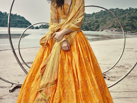 Myra Musturd Yellow Organza Printed Lehenga Online Sale