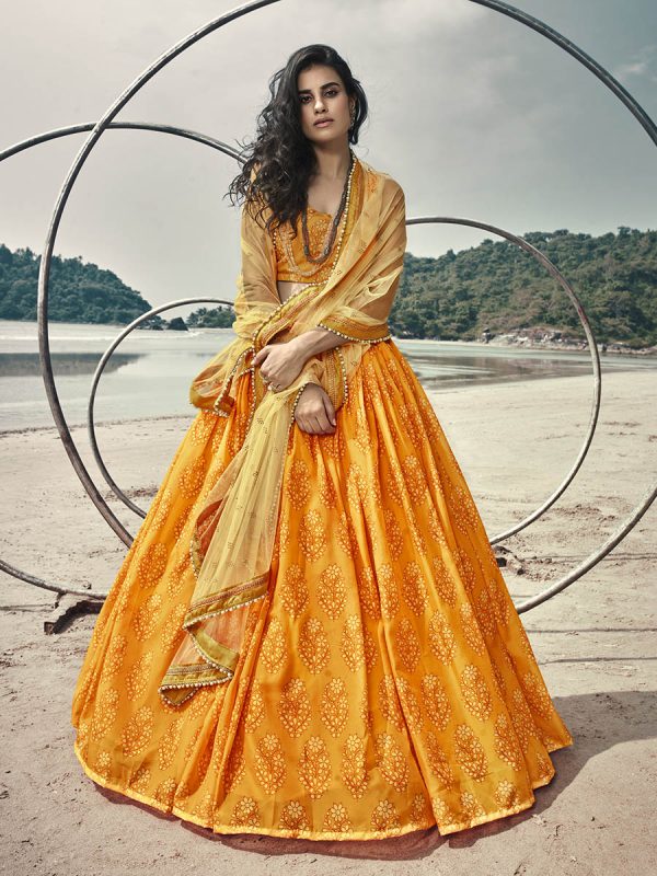 Myra Musturd Yellow Organza Printed Lehenga Online Sale