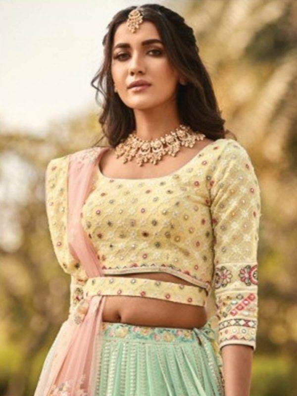 Myra Sea Blue and Lemon Yellow Heavy Embroidered Party Wear Lehenga Discount