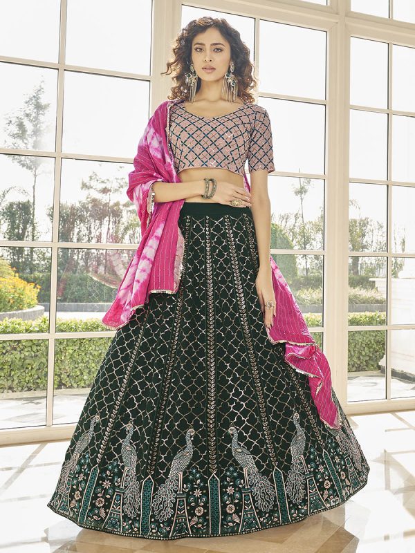 Myra Green & Pink Georgette Embroidered Designer Lehenga Online Hot Sale