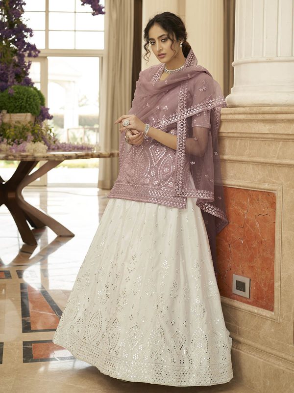 Myra Pearl White and Dusty Pink Embroidered Designer Lehenga Online Sale