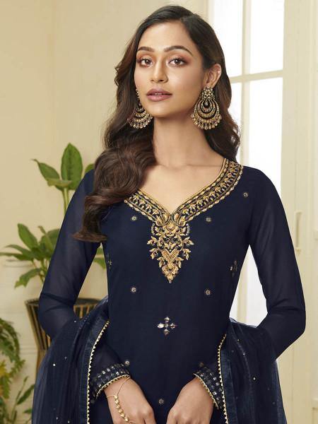 Myra Navy Blue Georgette Embroidered Palazzo Suit Online Hot Sale