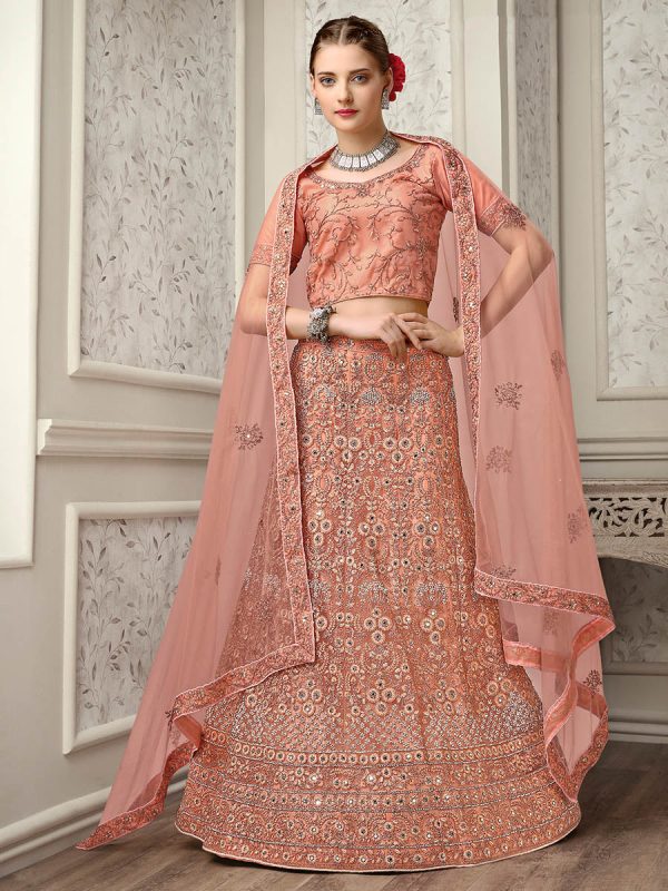 Myra Peach Net Heavy Embroidered Lehenga Choli Online now