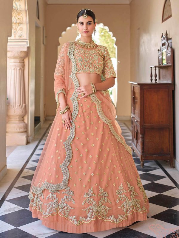 Myra Peach Net Embroidered Lehenga Cheap