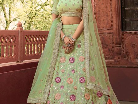 Myra Pista Green Organza Embroidered Lehenga For Cheap