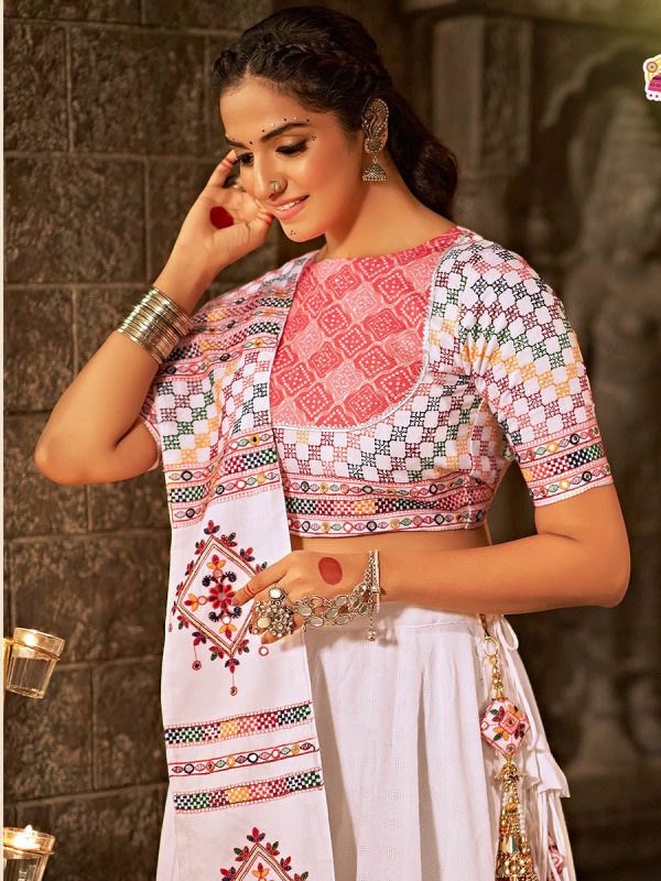 Myra White and Pink Jaquard Cotton Embroidered Designer Lehenga Online now