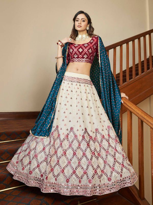 Myra Maroon and Beige Georgette Embroidered Party Wear Lehenga Sale