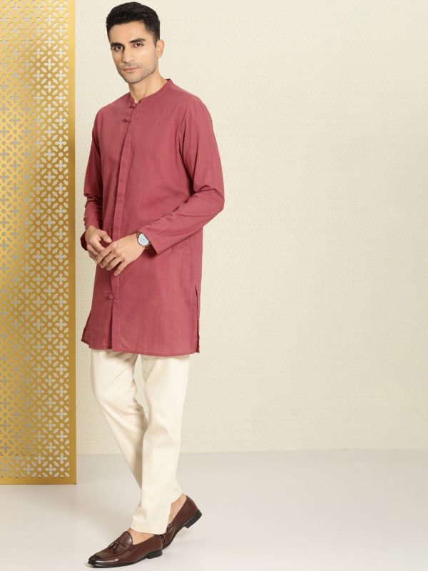 House of Pataudi Men Pure Cotton Solid Straight Mandarin Collar Rozana Kurta For Discount