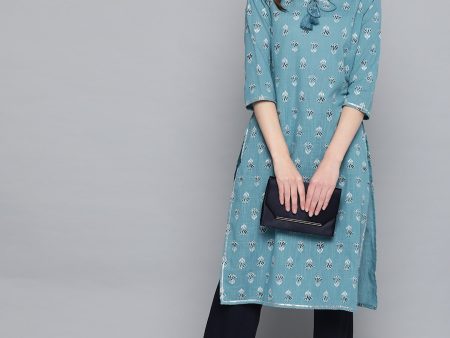 HERE&NOW Women Blue White Printed Straight Kurta Online Sale