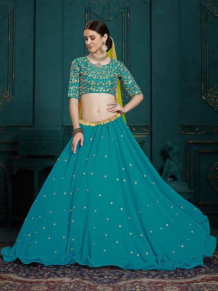 Myra Peacock Blue Georgette Embroidered Lehenga Discount