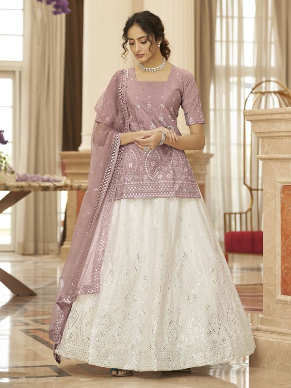 Myra Pearl White and Dusty Pink Embroidered Designer Lehenga Online Sale