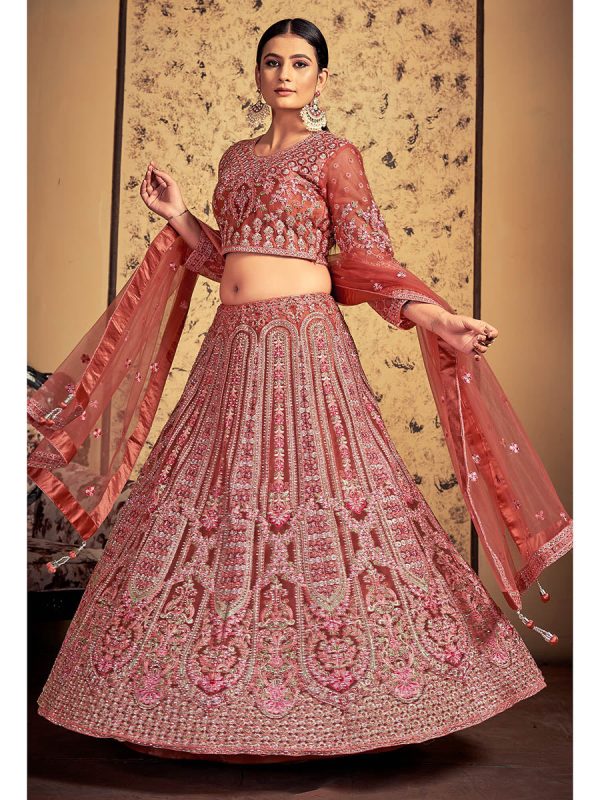 Myra Pink Taupe Soft Net Heavy Embroidered Designer Lehenga For Cheap