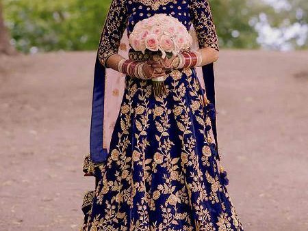 Myra Royal Blue Heavy Embroidered Velvet Bridal Lehenga Sale