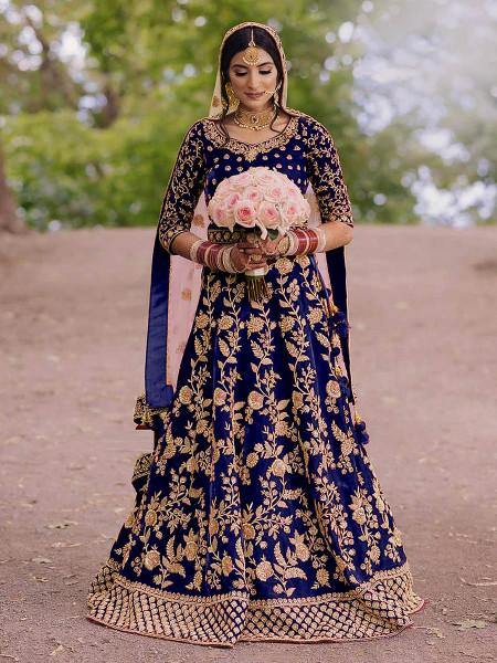 Myra Royal Blue Heavy Embroidered Velvet Bridal Lehenga Sale