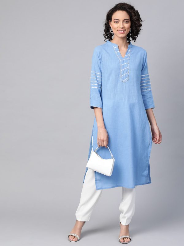 HERE&NOW Women Blue & White Pure Cotton Solid Straight Kurta Online