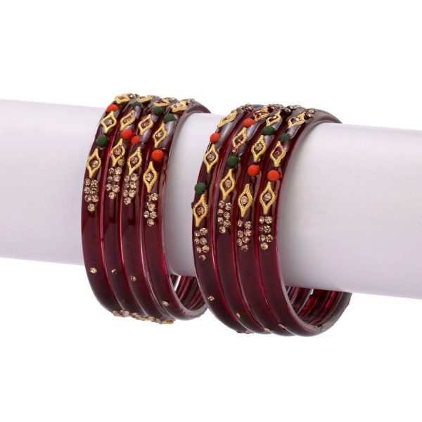 Afast Designer Fancy Party Bangle  Kada Set, Maroon, Glass, Pack Of 8 Fashion