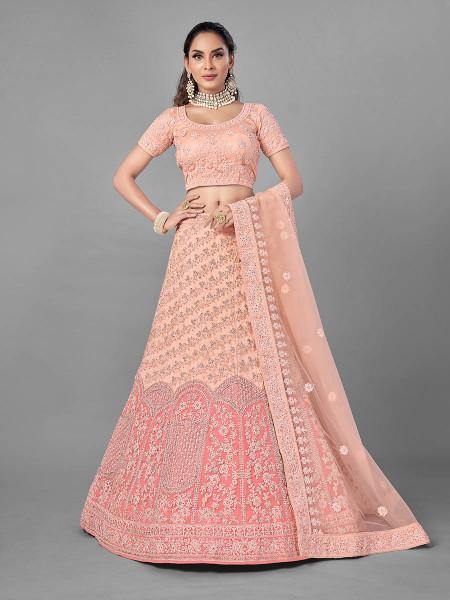 Myra Peach Heavy Embroidered Soft Net Bridal Beautiful Lehenga For Cheap