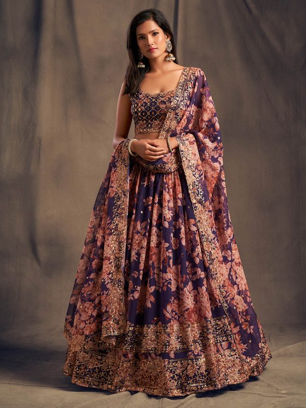 Myra Purple Organza Silk Embroidered Lehenga Online Sale