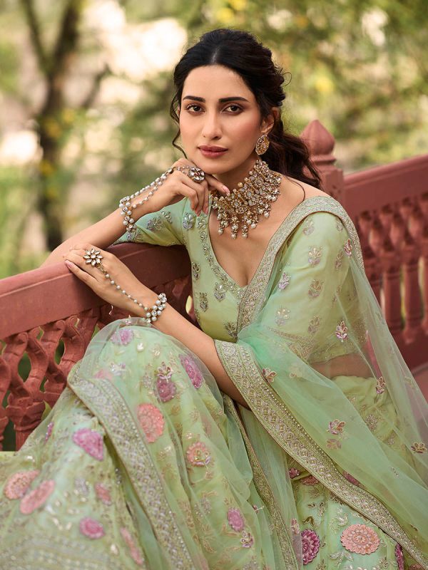 Myra Pista Green Organza Embroidered Lehenga For Cheap