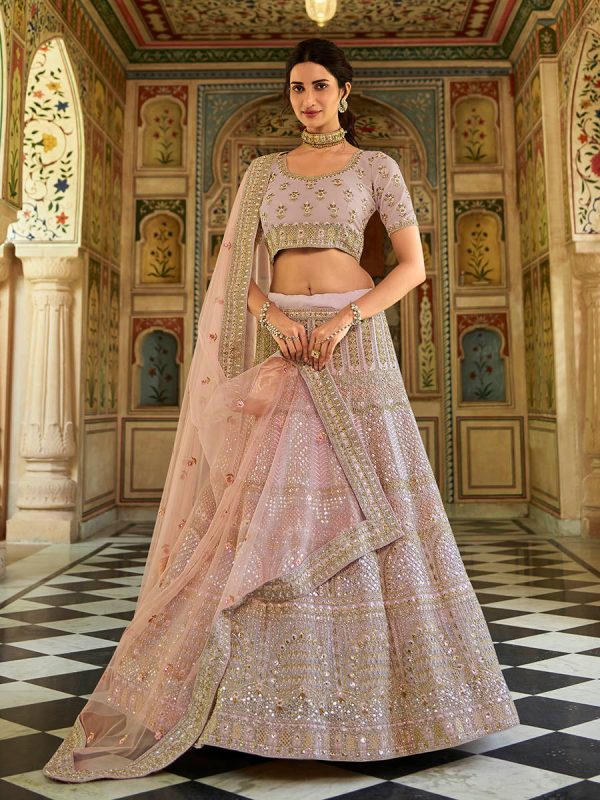 Myra Pink Organza Embroidered Lehenga For Sale