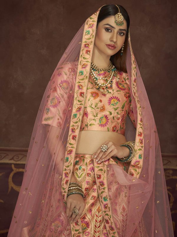 Myra Peach Pink Art Silk Embroidered Designer Lehenga Online now