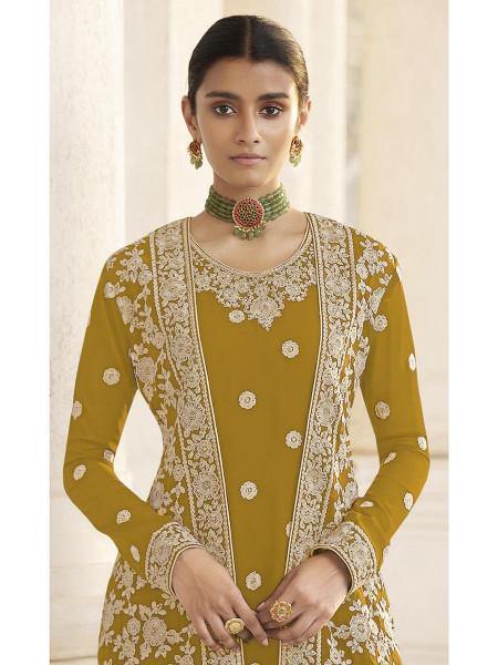 Myra Mustard Yellow Jacket style Heavy Embroidered Suit Online Hot Sale