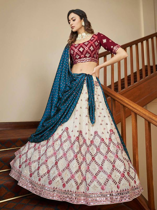 Myra Maroon and Beige Georgette Embroidered Party Wear Lehenga Sale