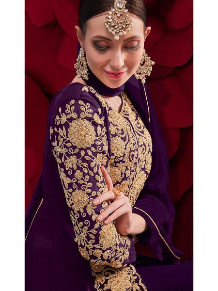 Myra Purple Georgette Embroidered Anarkali Pant Style Suit Online Sale