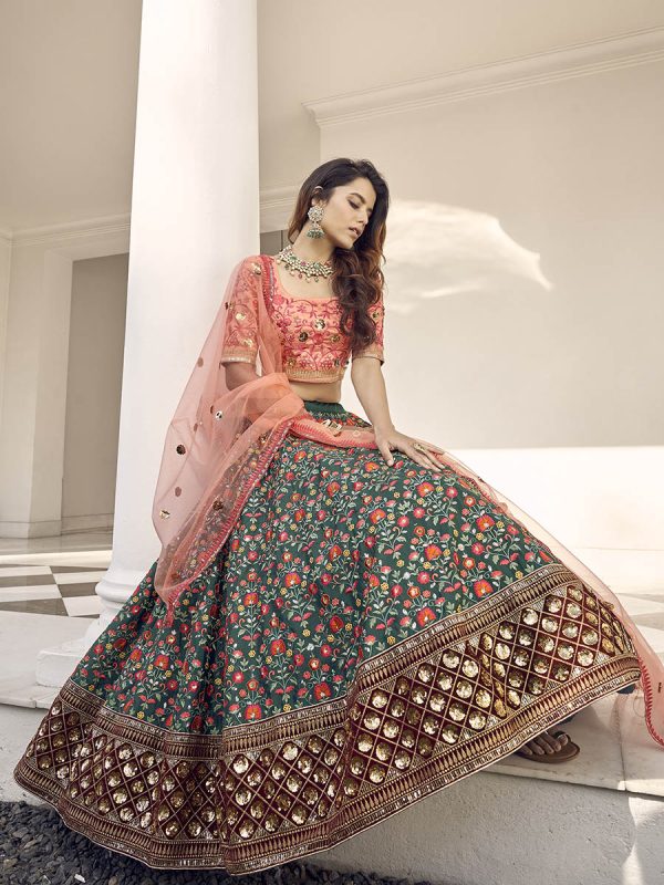 Myra Orange and Green Silk Heavy Embroidered Lehenga Online Sale