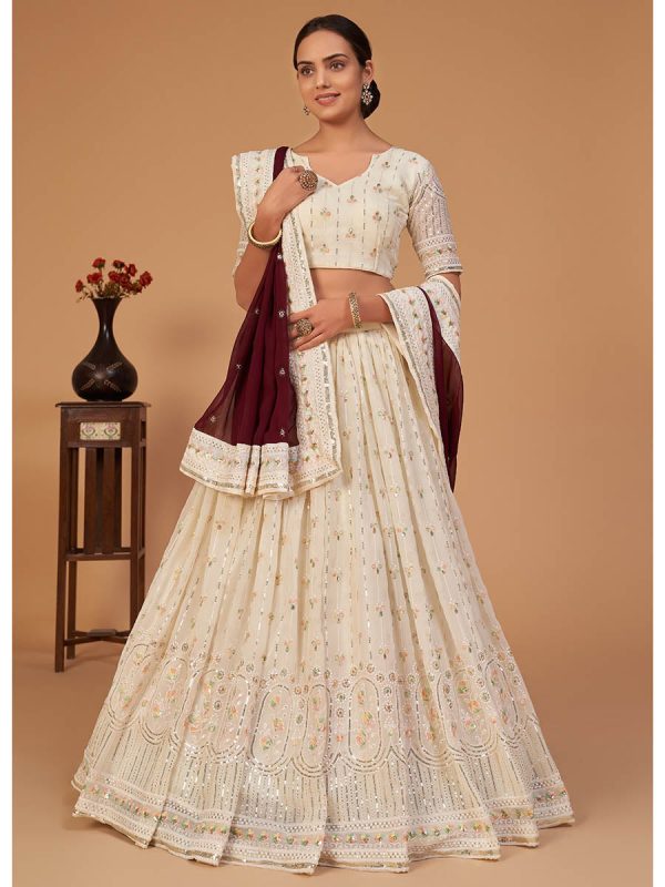 Myra Off White Georgette Embroidered Designer Lehenga For Sale