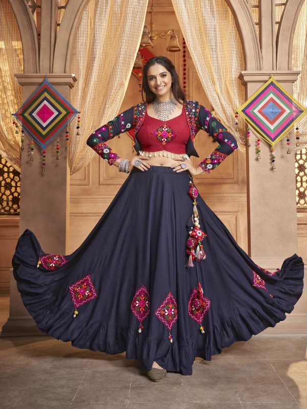 Myra Navy Blue Koti Style Viscose Rayon Embroidered Designer Navratri Special Lehenga on Sale