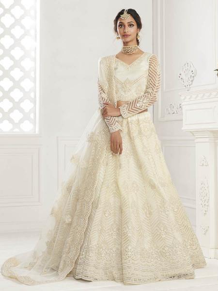 Myra Off White Heavy Embroidered Net bridal Lehenga features For Cheap