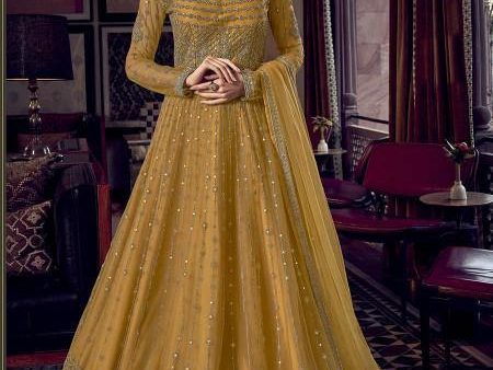 Myra Mustard Yellow Embroidered Butterfly Net Anarkali Suit For Sale