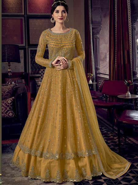 Myra Mustard Yellow Embroidered Butterfly Net Anarkali Suit For Sale