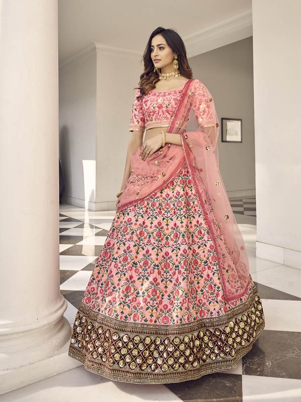 Myra Pink Art Silk Heavy Embroidered Lehenga Hot on Sale