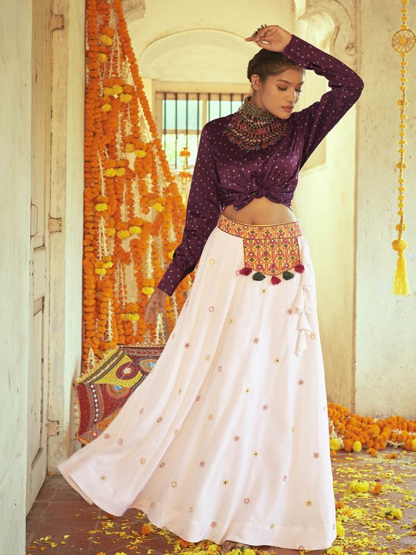 Myra Purple & White Cotton Embroidered Navratri Special Lehenga For Sale