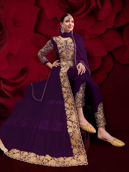 Myra Purple Georgette Embroidered Anarkali Pant Style Suit Online Sale