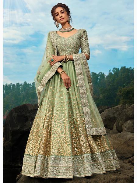 Myra Pastel Green Art Silk Lehenga on Sale