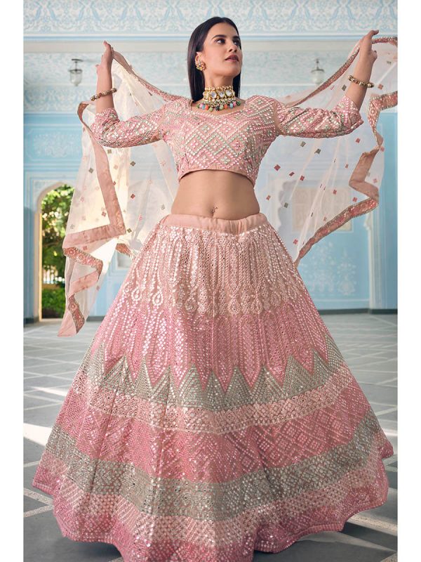 Myra Peach Organza Embroidered Lehenga For Cheap