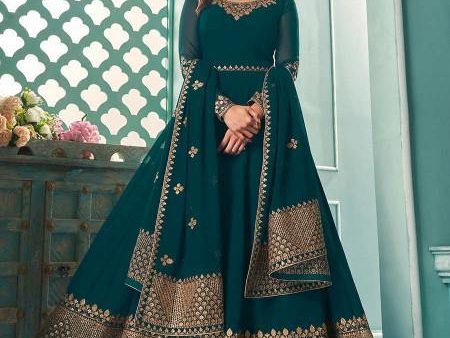 Myra Teal Embroidered Real Georgette Anarkali Suit For Cheap