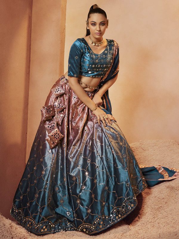 Myra Teal Blue Velvet Embroidered Designer Lehenga Choli on Sale