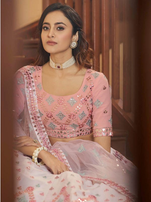 Myra Pearl White and Pink Georgette Embroidered Party Wear Lehenga on Sale