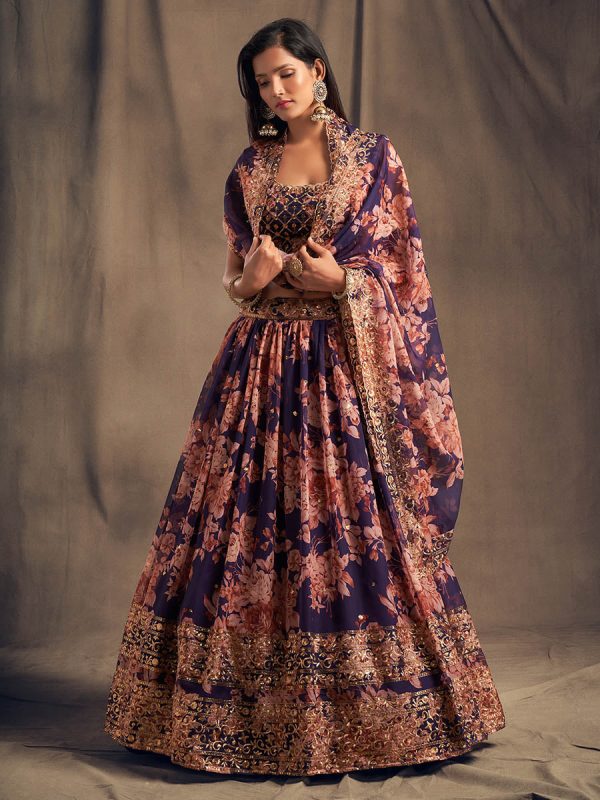 Myra Purple Organza Silk Embroidered Lehenga Online Sale