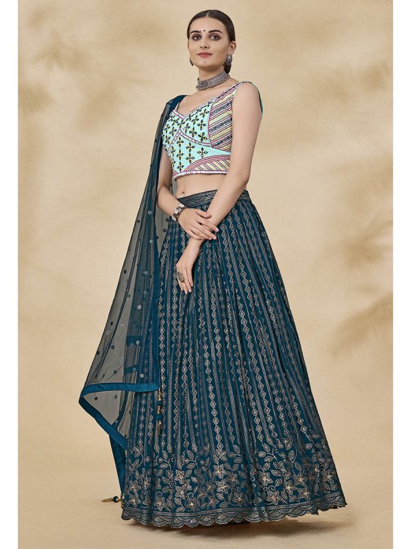 Myra Teal Green Georgette Embroidered Designer Lehenga Hot on Sale