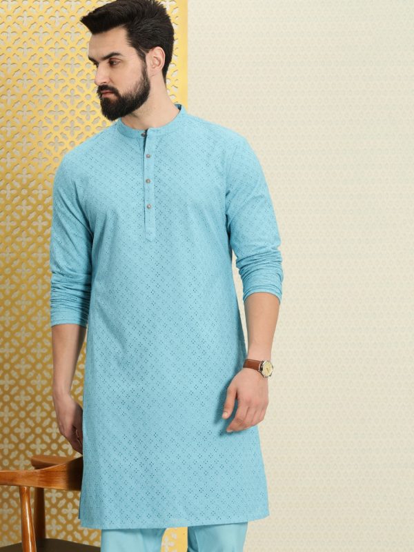 House of Pataudi Men Pure Cotton Schiffli Thread Work Jashn Kurta with Pyjamas Sale