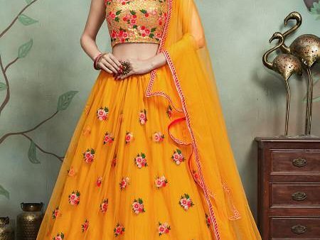 Myra Musturd Soft Net Heavy Embroidered Lehenga Online