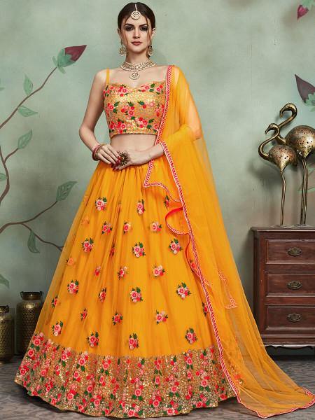 Myra Musturd Soft Net Heavy Embroidered Lehenga Online