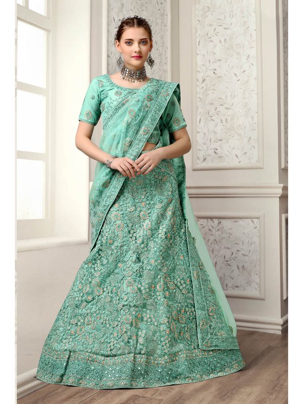 Myra Sea Green Net Heavy Embroidered Lehenga Choli Hot on Sale